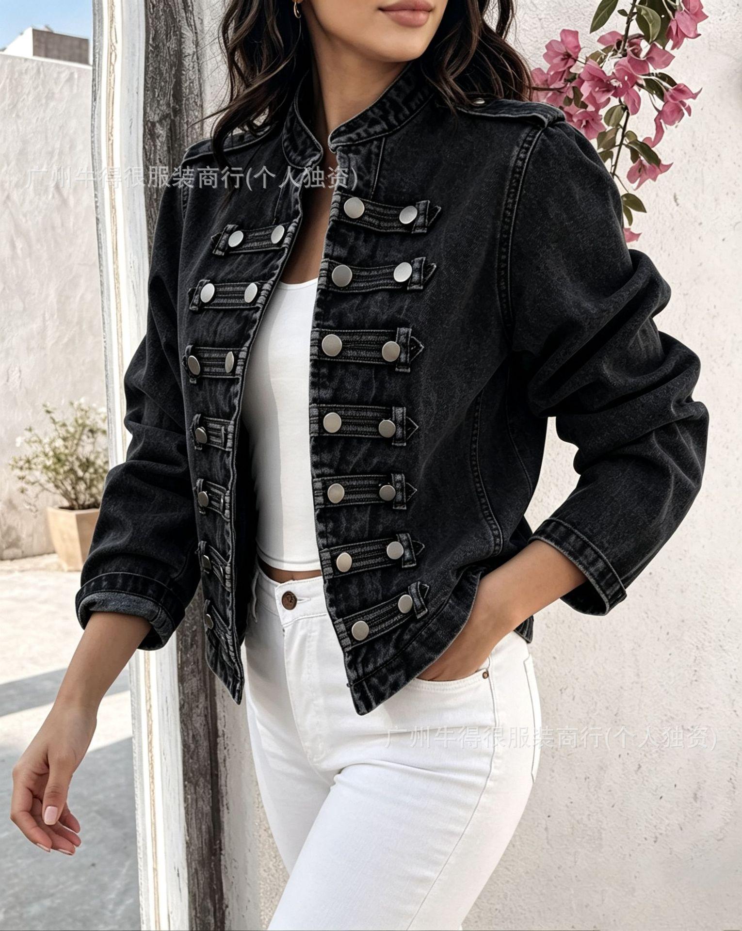 Damen V-Ausschnitt Zweireihige Jeansjacke Langarm Knöpfe Lässig Jeansjacke mit ausgestelltem Ärmel S schwarz