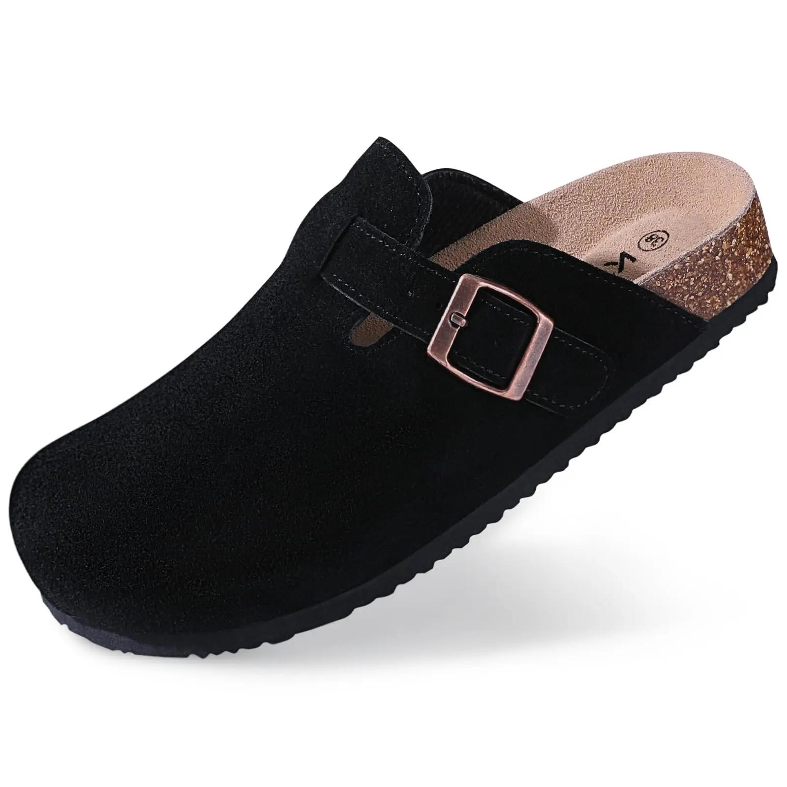 Damen Wildleder Clogs Hausschuhe Kork Wildleder Clogs Hausschuhe Klassische Herren Pantoletten Outdoor Kork Rutschfeste Hausschuhe mit Fußgewölbestütze Damen 39 schwarz