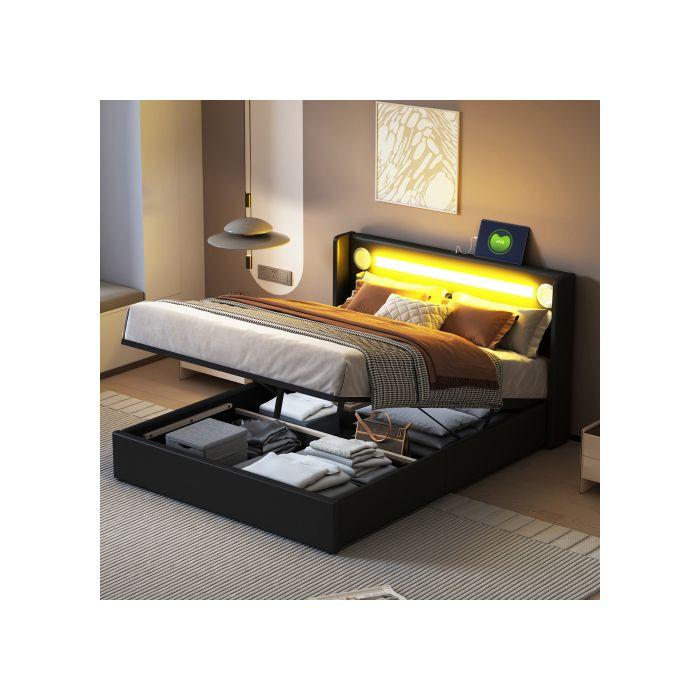 Bett 140x200 - MUVOE - Bett mit LED - Bluetooth - Stauraum - PU-Leder