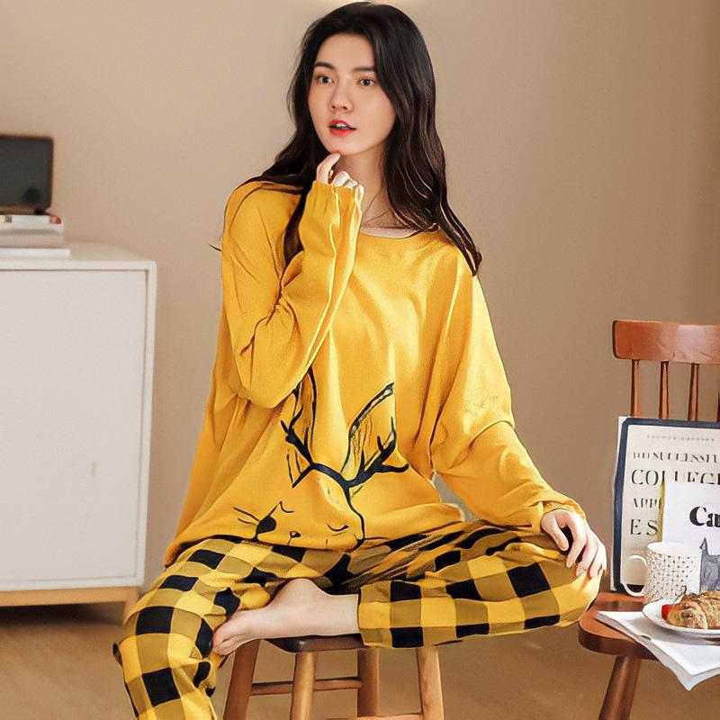 Neuer Winterpyjama, Damen, koreanische Version, langärmelig, Homewear-Anzug, locker, große Größe, zweiteiliger Anzug, kann draußen getragen werden 4XL gelb
