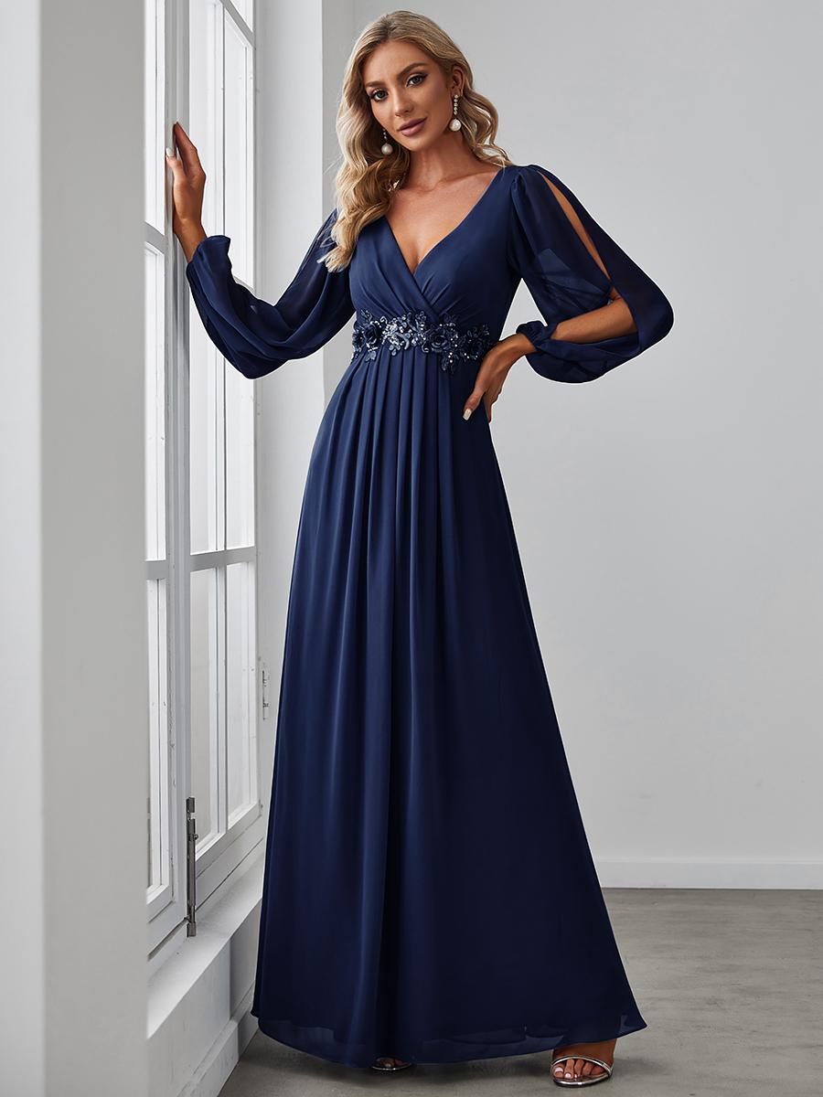 Ever-Pretty Damen Bodenlanges Abendkleid mit langen Laternenärmeln, Chiffon, tiefem V-Ausschnitt und Applikationen, Hochzeitsgastkleid 4XL dunkelblaue