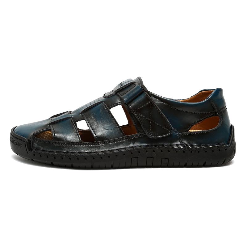 Sommer Herren Casual Sandalen mit geschlossener Spitze Große Größe Echtleder Casual Handgefertigte Sandalen Atmungsaktive Casual Sneakers Sandalen für Herren 42 blau