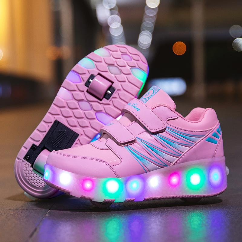 Wiederaufladbare Rollschuhe für Kinder, Doppelrollschuhe, Herren/Damen, LED-Beleuchtung, Schuhe, Turnschuhe 33 rosa