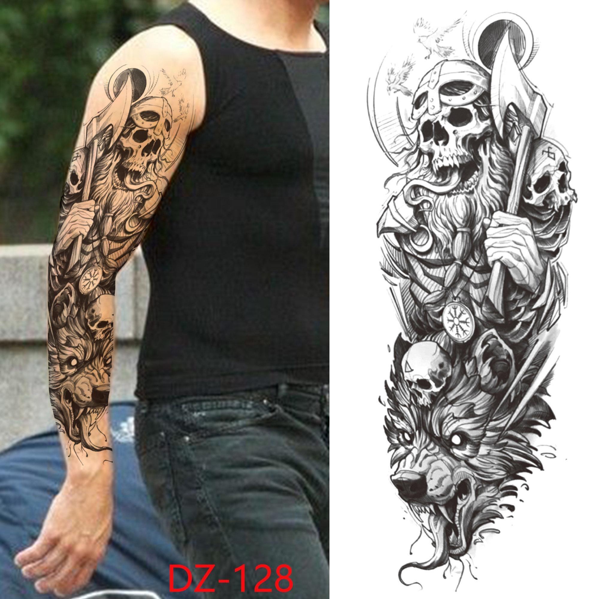 Neu 1 STÜCK 480*170 MM Super Großer Kompass Wolfskopf Auge Gefälschte Löwengott Feder Temporäre Tattoo Ärmel Für Männer Frauen Tattoo Vollen Arm Tattoo Aufkleber DZ-128