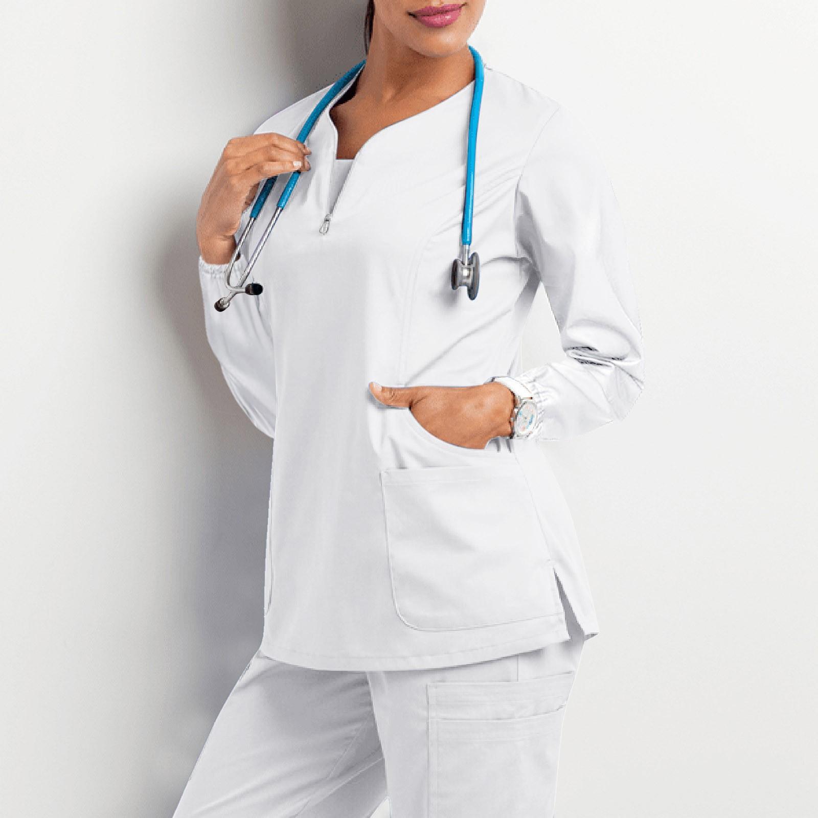Modische Arbeitskleidung für Damen mit V-Ausschnitt und langen Ärmeln, Kordelzug und Taschen. Farblich passende Oberteile und Schutzkleidung XL weiß