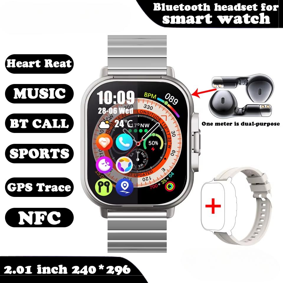 2025 Smart Watch 2 in 1 mit Kopfhörer Smartwatch Bluetooth Anruf Herrenuhr GPS-Track Herzfrequenzmesser Musik abspielen SmartWatch Steel+Silicone silber