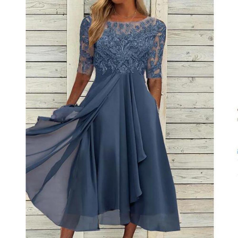 HNXC Damenmode Sommer Frühling Einfarbig Druck Kurzarm O-Ausschnitt Freizeitkleider XL blau