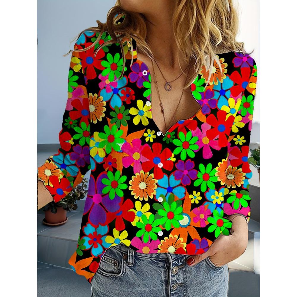 Damen Casual Blumenprint Bluse Reverskragen Bluse Damen Langarmshirts Damenbekleidung Freizeitkleidung Damenbekleidung 3XL black