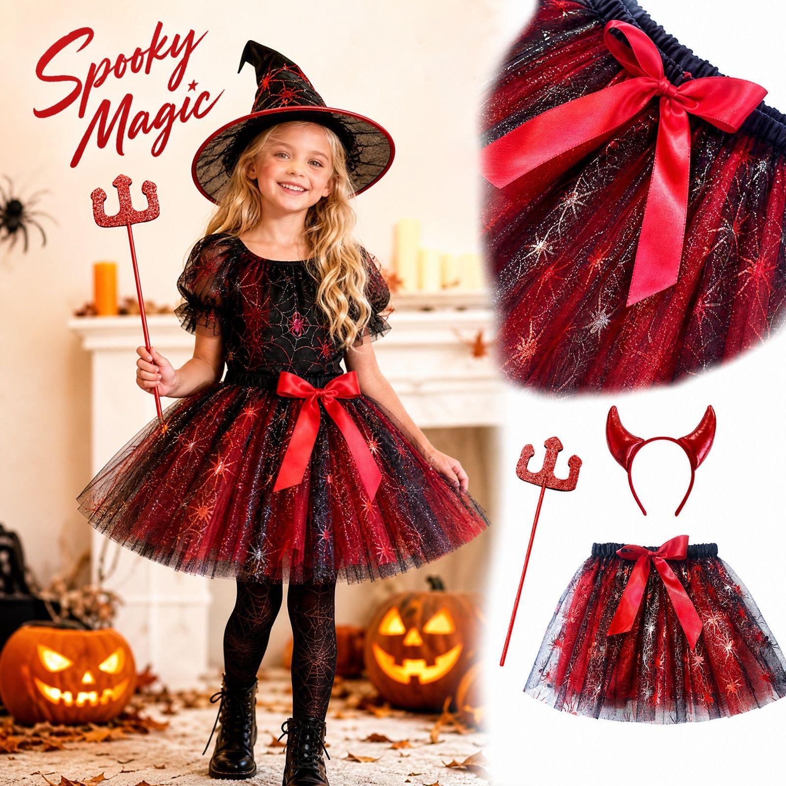 Mädchen Halloween Kostüm Set 3-teilig Kleid mit Kürbis und Print-Netz, Hexenhut und für Kostümparty 100 rot