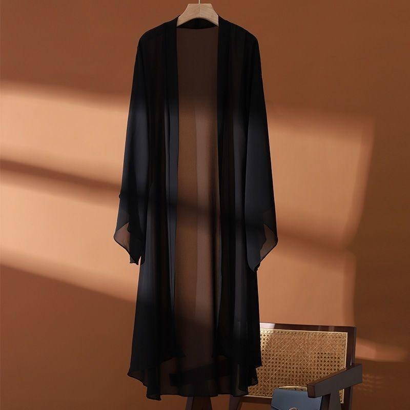 Lange Chiffon-Strickjacke für Damen im Sommer, dünner Stil, Sonnenschutz, Klimaanlagen-Shirt, über der Schulter drapiert 2XL schwarz