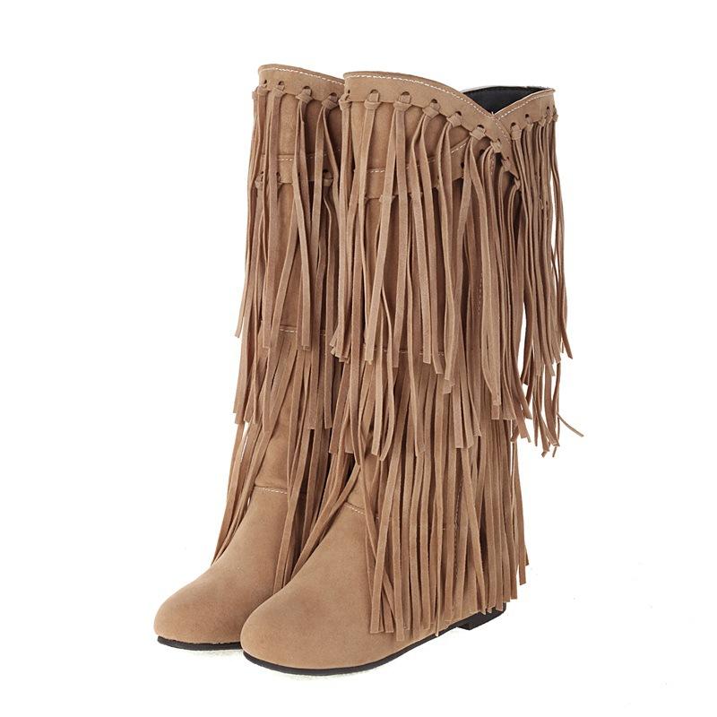 Herbst Winter Damen Stiefel Mode Quaste Wildleder Damen Hohe Stiefel Luxus Lässig 3cm Niedrige Absätze Mode Lang Party Schuhe Weiblich 42 brown