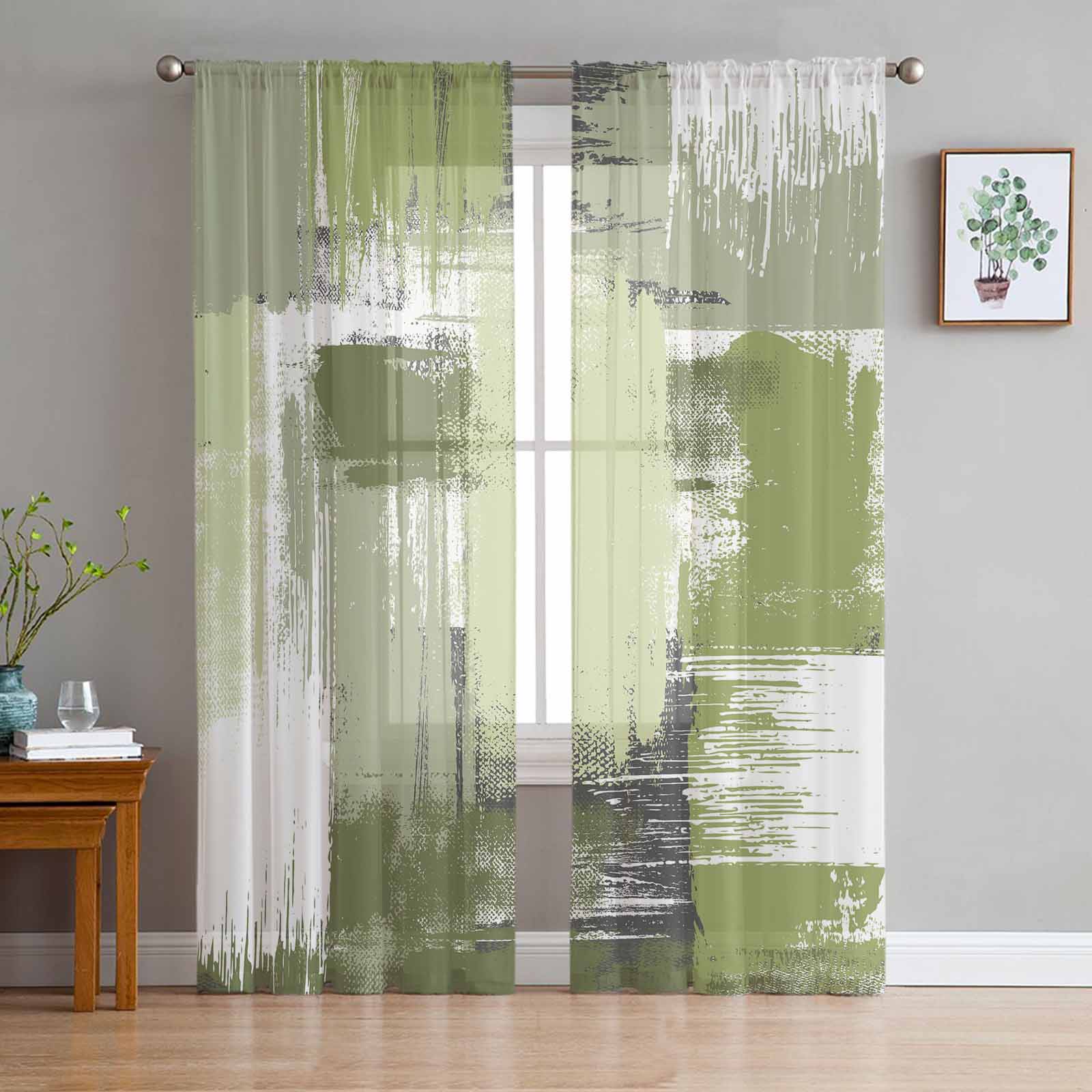 Ölgemälde Abstrakte Grasgrüne Gardinen für Wohnzimmerdekoration Fenstervorhang Küche Tüll Voile Organza Vorhänge W135 x H115cm x1&Grommet Top gray