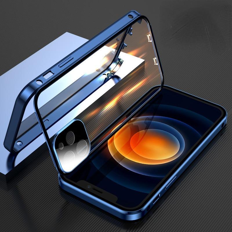 360 Metall magnetische iPhone 11 Handyhülle für iPhone 12 Pro XS Max 7 8 Plus X XS XR Hülle doppelseitiges HD-gehärtetes Glas mit Kameraschutzabdeckung For iPhone 12 blau