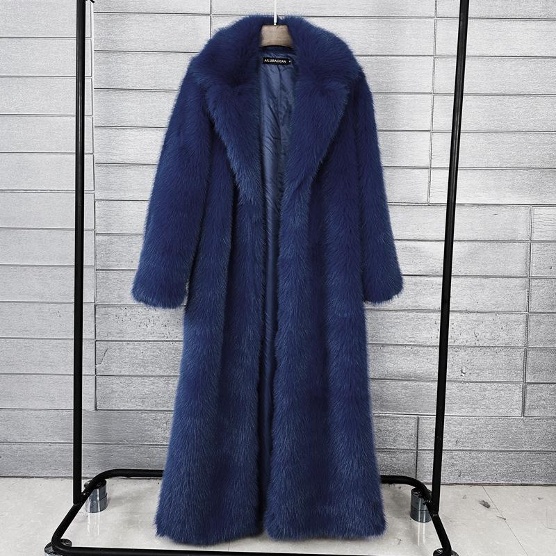Pelzmantel für Damen, Kunstpelz, Langer Stil, mit gestepptem Kragen, Extra-langer Wintermantel für Damen L dunkelblau