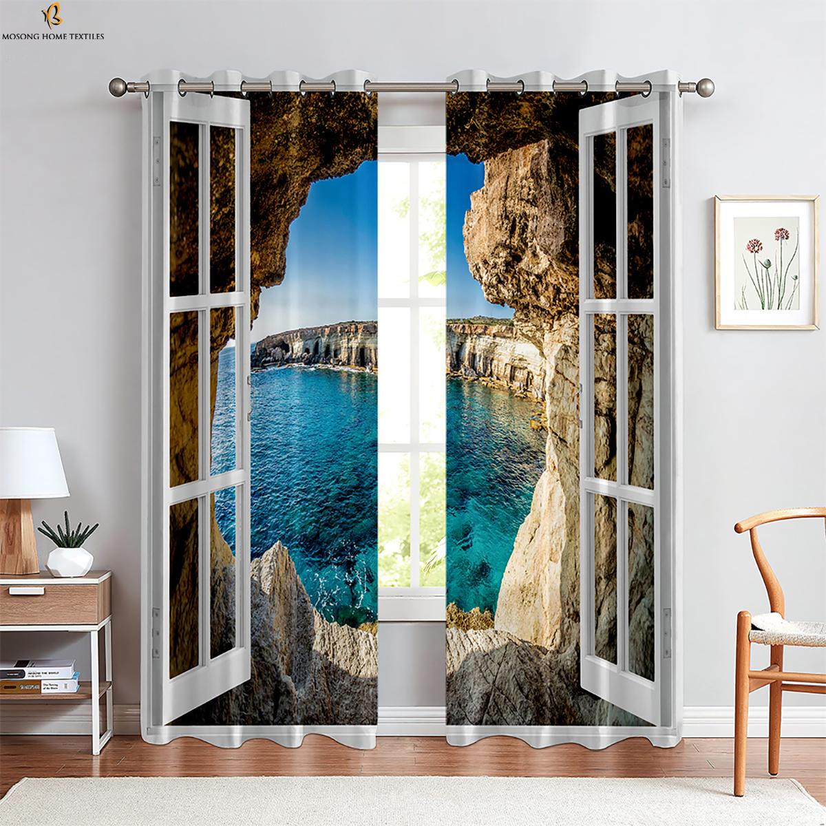 3D-gedruckte Vorhänge für die Aussicht vor dem Fenster, Wald-, Meeresufer-Vorhänge, Schlafzimmer, Wohnzimmer, Küchenbereich Vorhänge 2 Stück W50xH130(CM)x2PCS&Rod pocket black