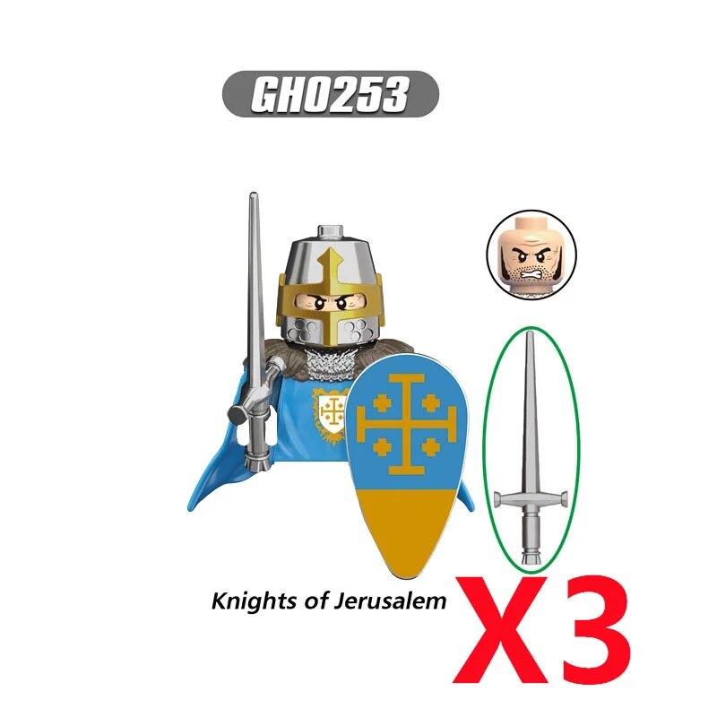 Militärische Bausteine, mittelalterliche Soldatenfiguren, Ritter von Jerusalem, Kreuzzüge, der Rosenkrieg, Kriegsross, Waffen, Schild