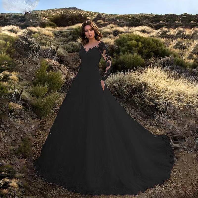 2024 Damen Spitzenhochzeitskleid mit floraler Schleppe und elegantem Swing-Abendkleid XXXL schwarz