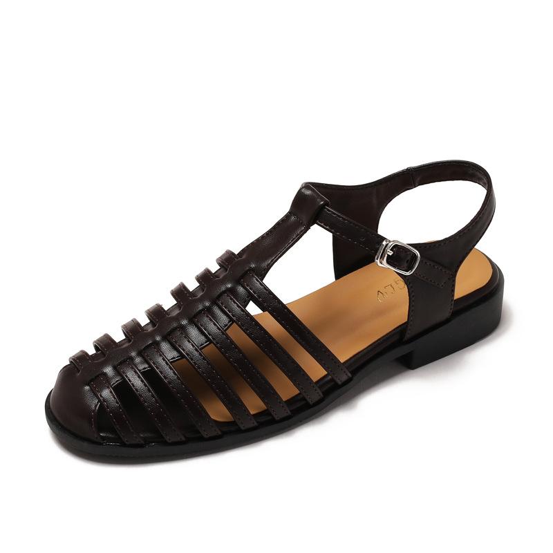 Damen Sandalen Sommer Baotou Quadratischer Kopf Retro Sandalen Damen Sommer Neue Mode Dicke Ferse Außen Tragen Gewebte Römische Sandalen 39 dunkelbraune