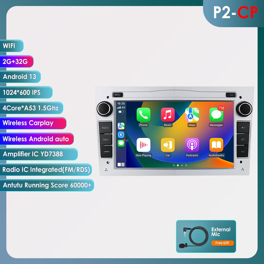 Android 2Din Autoradio Multimedia Video Player für Opel Astra HJ, Vectra, Vauxhall, Antara, Zafira, Corsa CD, Vivaro, Meriva, Veda GPS AutoRadio Carplay RDS 4Core 2GB 32GB Silver silber