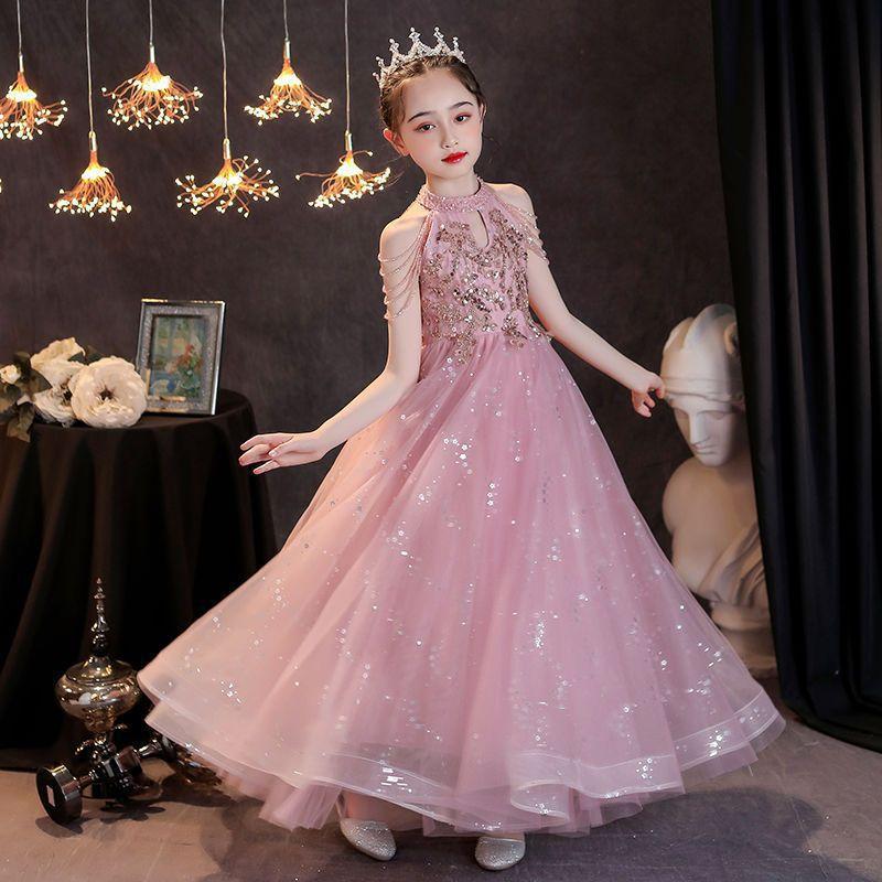 Kindergeburtstagsparty Elegante Tüll Lange Kleider Schule Abendgala Kinder Moderator Mode Ballkleider Taufe Kostüme 12-14 Jahre 140 rosa
