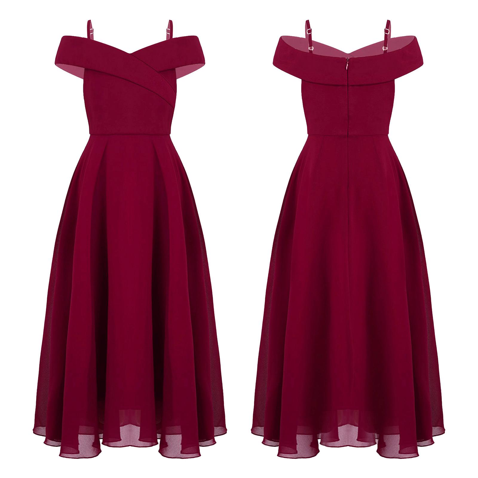 Kinder Mädchen Elegantes Chiffon Schulterfreies Brautjungfernkleid Hochzeitskleid Geburtstagsfeier A Linie Abendkleid 15-16 Years bordeaux
