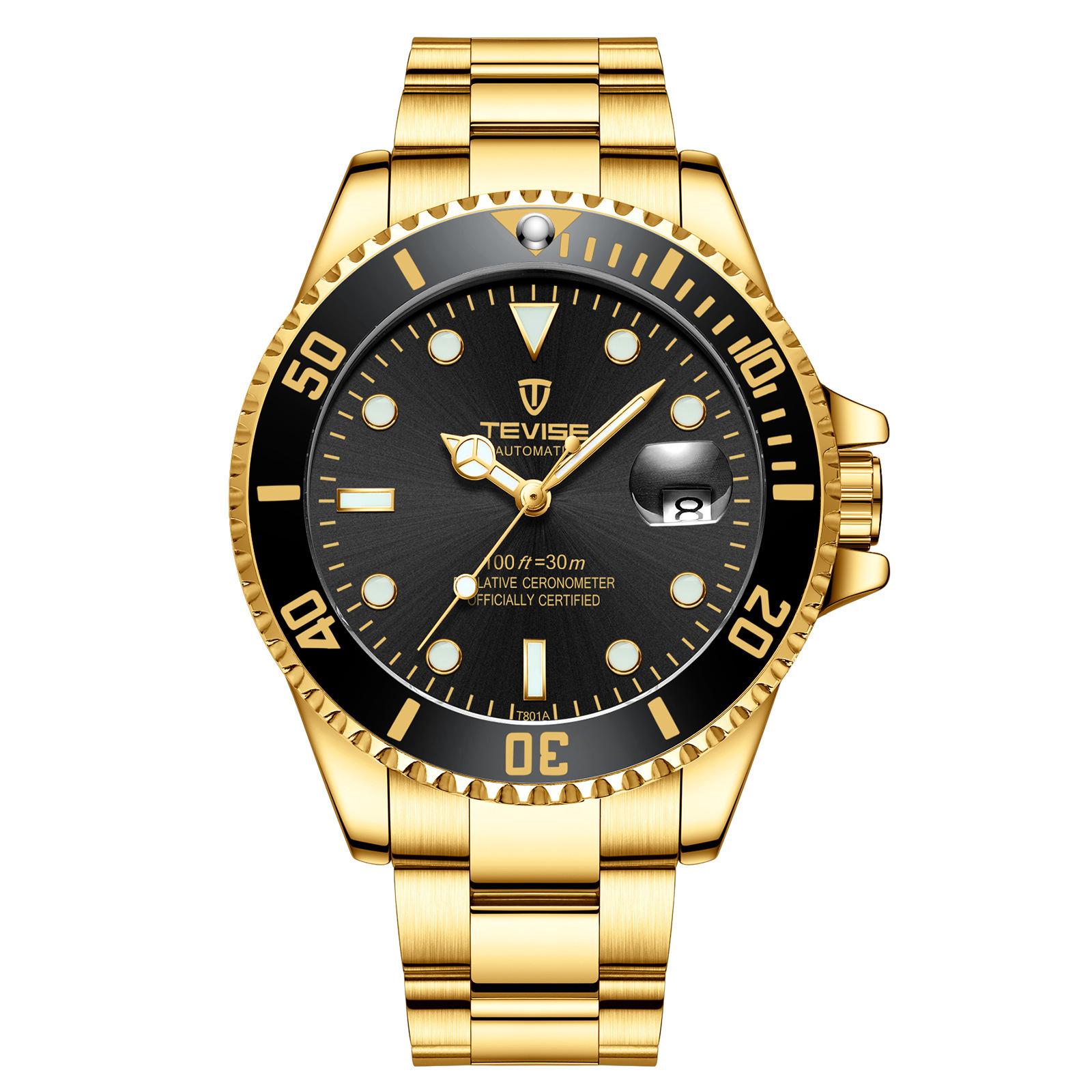 Luxusmarke Automatische Armbanduhren Edelstahl Datum Kalender Uhr Taucher Wasserdicht Militär Herren Mechanische Uhr goldgelb