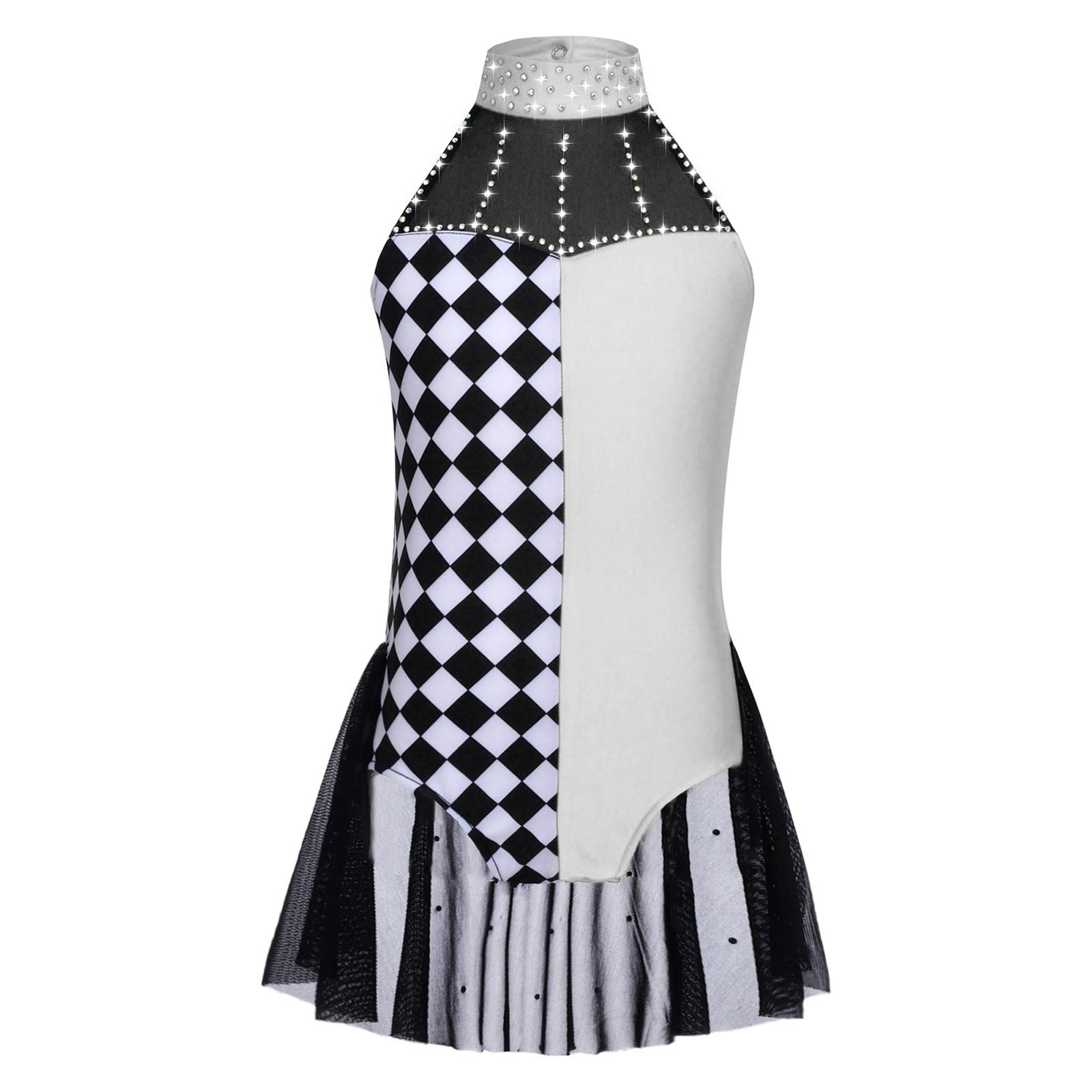 Mädchen Clown Kostüm Colorblock Patchwork Strass Dekoration Turnanzug Neckholder Ärmellos Rückenfrei Taille Netzüberzug Jumpsuit 11-12 Years weiß
