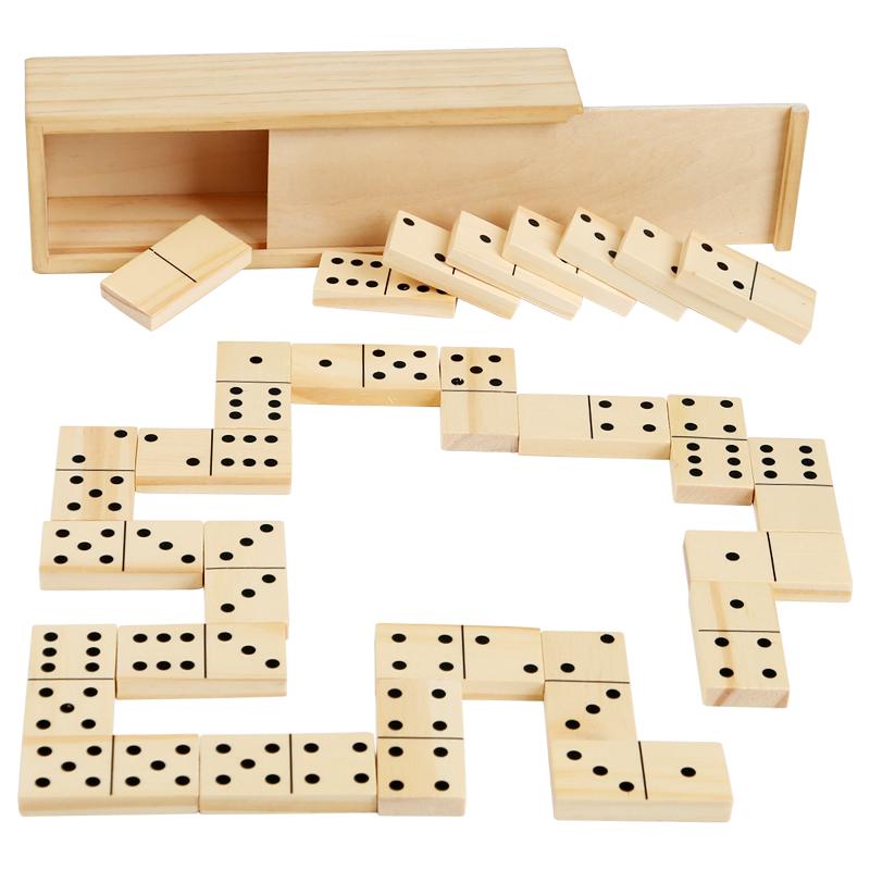 Dominosteine Set für Erwachsene Klassische Brettspiele Double Six Dominosteine Spielset mit Spinner-Steinen mit Holzkassette 2-4 Spieler Schach beige