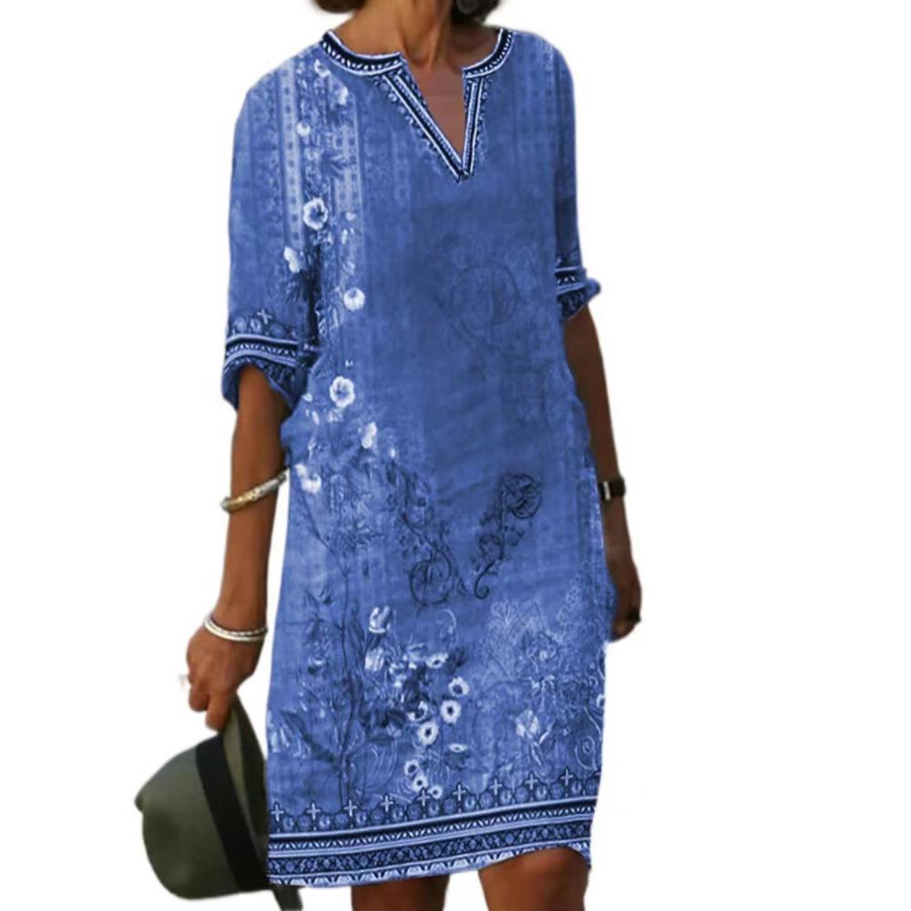 Damen Sexy V-Ausschnitt T-Shirt Kleid Sommer Damen Top Kurzarm Kleid Damen Slim Midi Kleid Strandrock Bedrucktes Kleid Lässig XL blau
