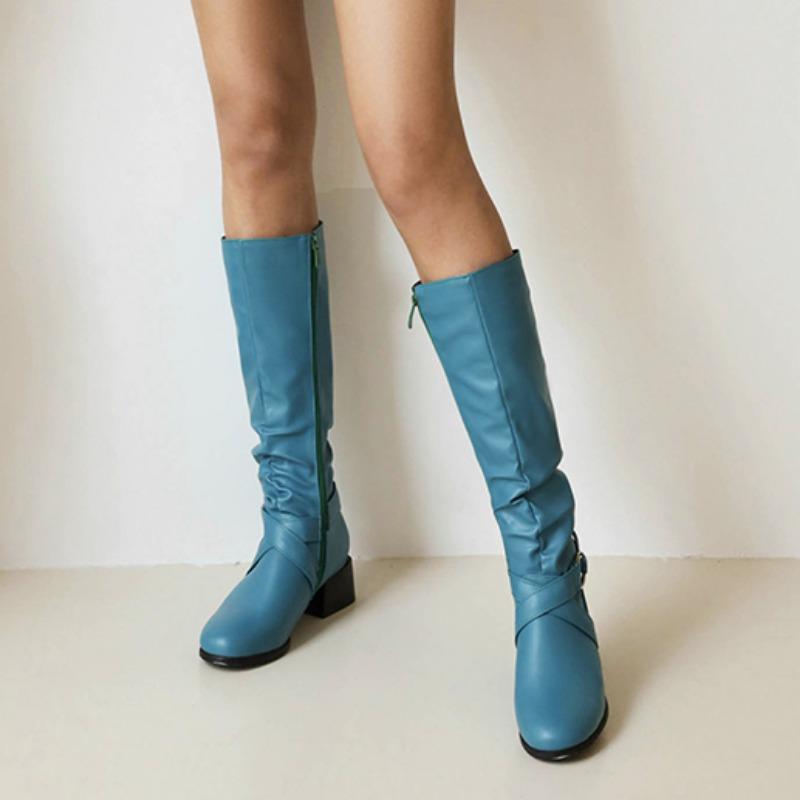 Damen Neue Heiße Verkauf Über Knie Hohe Stiefel Schnalle Runde Kappe Hohe Stiefel Frauen Plissee Niedrigen Absatz Casual Leder Winter Frauen stiefel 34