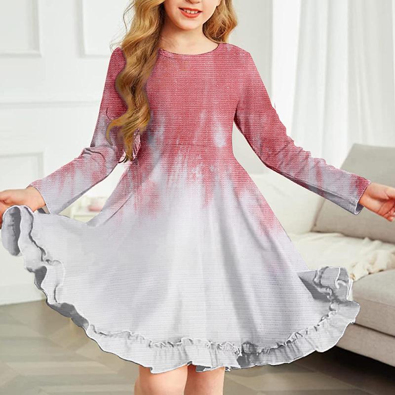 Frühling Mädchen Casual 3D Blühende Kirschblüten Drucken Rundhals Langarm Kleid Kind Prinzessin Kleid 110 rot