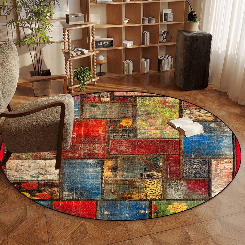 Retro Persien Runde Teppiche für Schlafzimmer Arbeitszimmer Stuhlmatte Wohnzimmer Dekoration Große Flächenteppiche Rutschfest Eingang Fußmatte Waschbar 4.5ft(140x140cm)