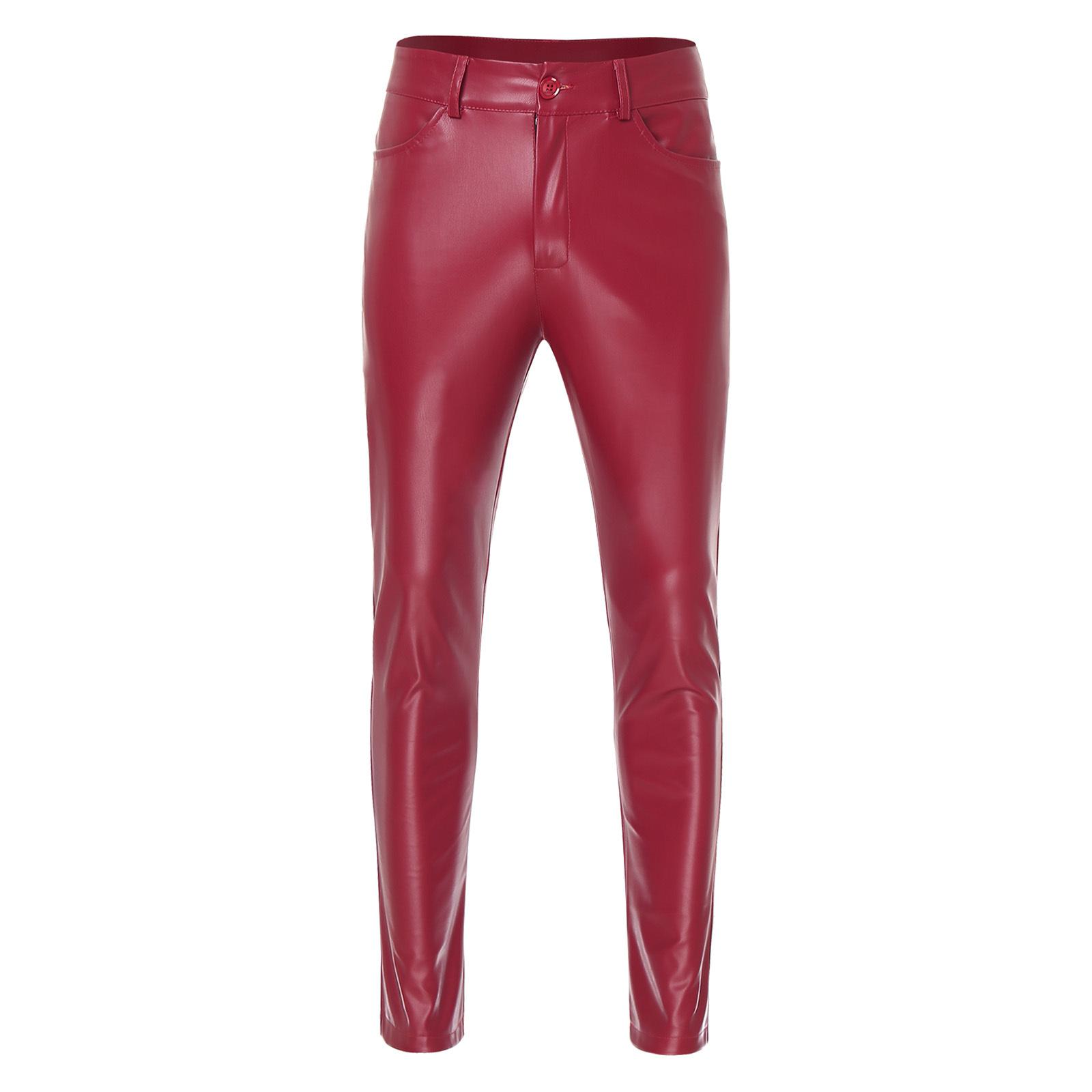 Herren Schlank Geschnitten Stretch Mode Lässig Kunstleder Hosen Disco Hosen Hosen XL rot