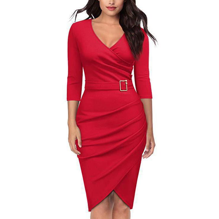Damen V-Ausschnitt Kleid 3/4 Ärmel Bleistift Midikleid Einfarbig Party Club Kleid Elegantes Büro Business Kleid XL