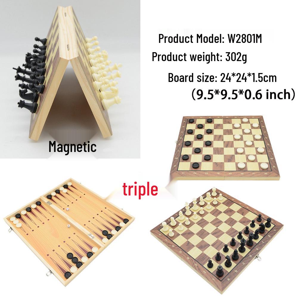 3-in-1 Faltbares Schach-, Dame- & Magnetspielset aus Holz Leaf border 34cm