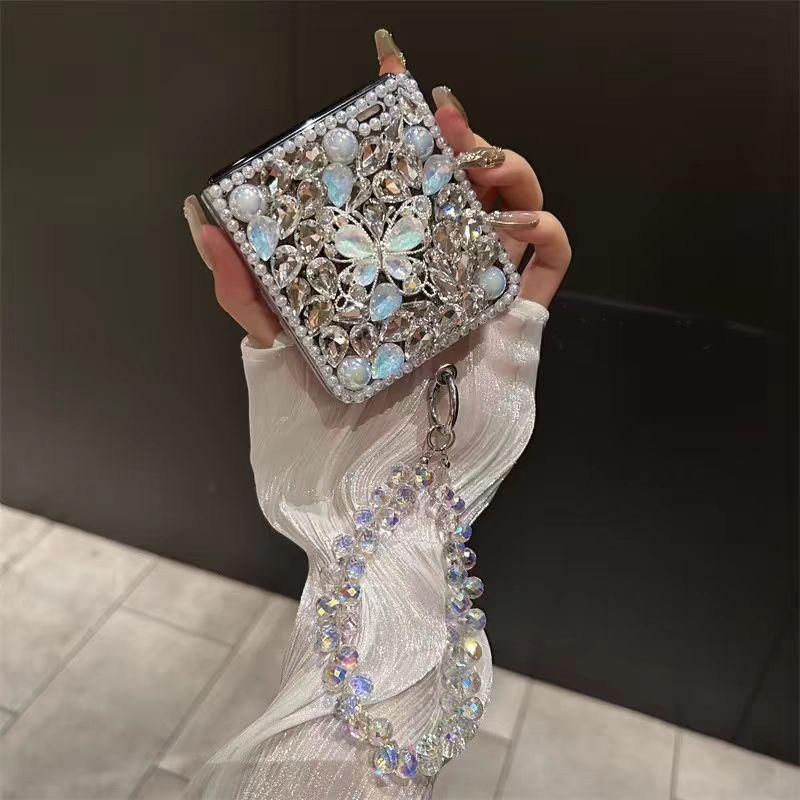 Niedliche Kristallperle Elegant Schmetterling Edelsteine Stein Diamant Armband Handyhülle Cover Für Samsung Galaxy Z Flip 3 4 5 6 Flip6 F7110 for Z FLIP 6