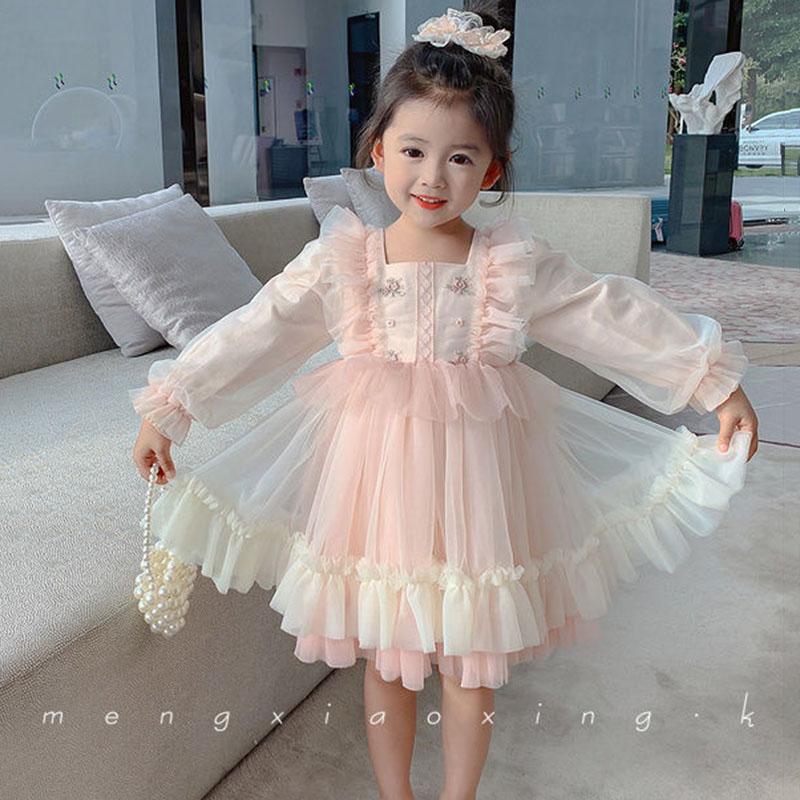 Mädchen Stickerei Kleid Kinder süße Puffrock Mesh Prinzessin Kleid Baby Mädchen Frühling Kleid Langarm Spitze rosa Kleid 90