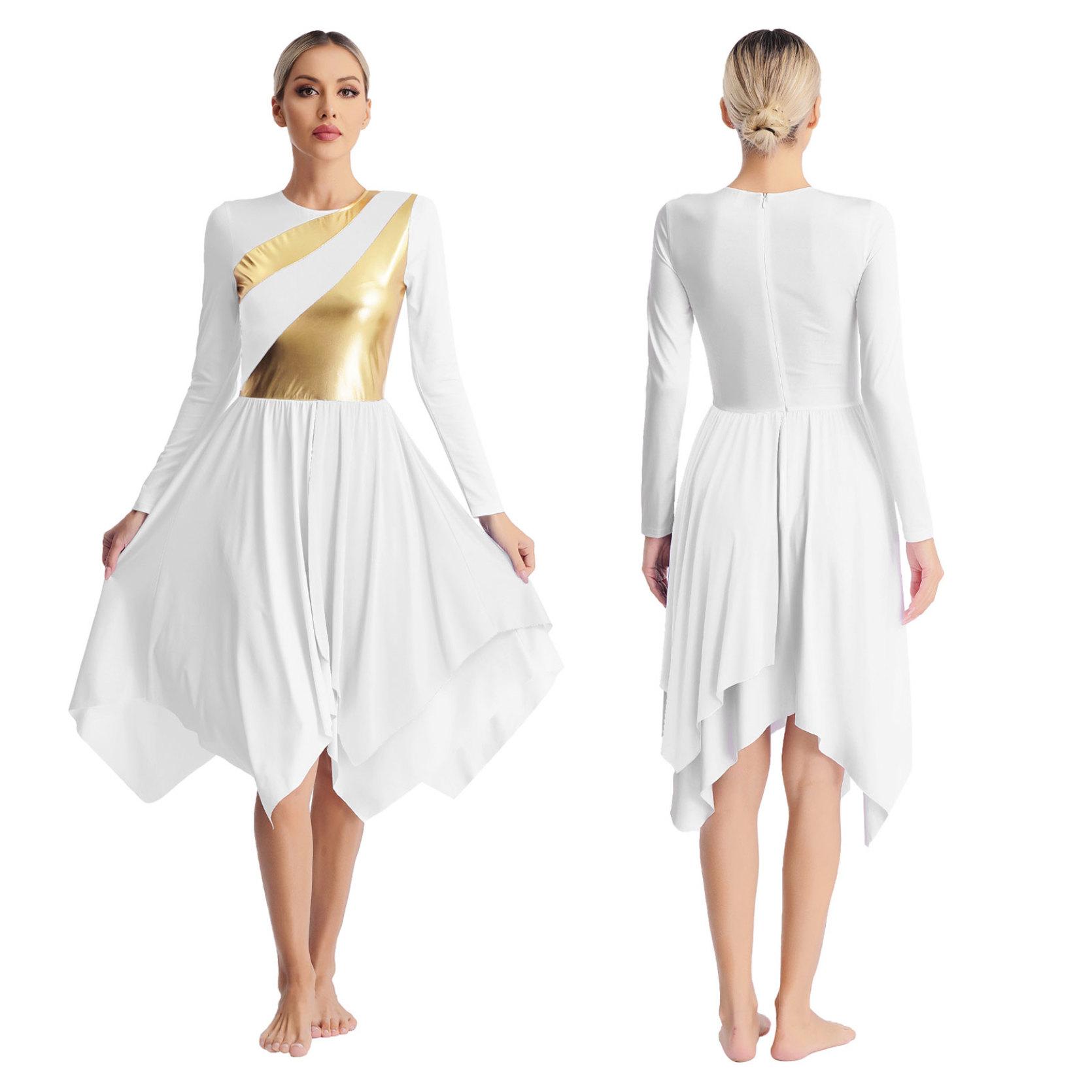 Liturgisches lyrisches Tanzkleid für Damen, langärmelig, metallische Kontrastfarbe, asymmetrische Kleider, Anbetungsaufführung XL weiß