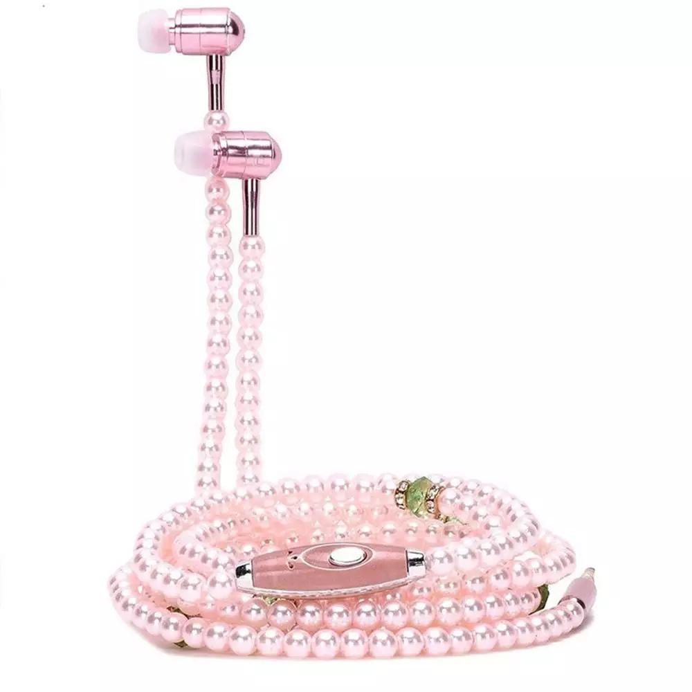 VAORLO Perlenkette Kopfhörer In-Ear Rosa Strass Halskette Schmuck Perlen Kopfhörer mit Mikrofon für Samsung Xiaomi Mädchen Geschenke rosa