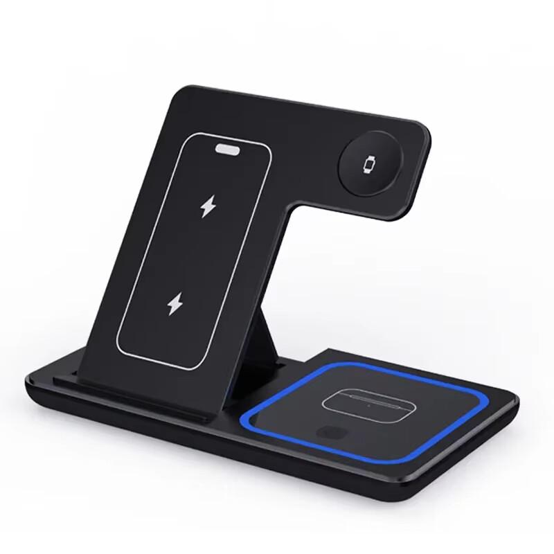 30W 3-in-1 Faltbarer LED Schneller Kabelloser Ladeständer Ladestation Für Apple 15 14 13 12 11 Apple Watch 9 8 7 6 5 Airpods Pro schwarz