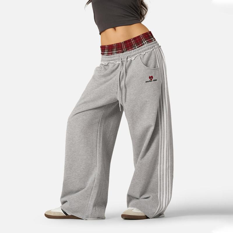Europäische und amerikanische Retro-Sport-Casual-Hose mit lockerer Passform für Damen und Herren, doppelte Taille, Fake-Zweiteiler-Sweathose XL graue