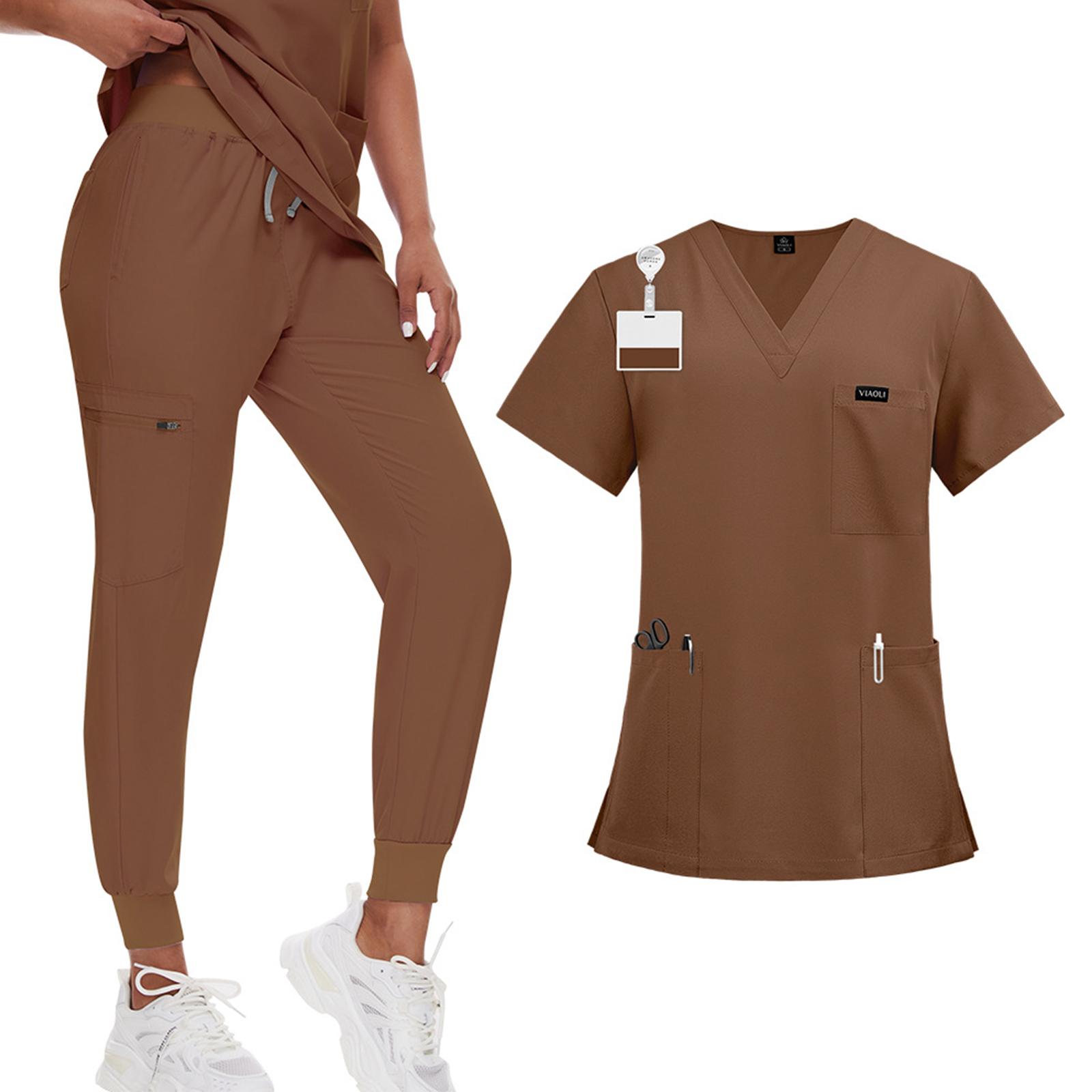 Damen Zwei-Teiler Kasack-Set mit V-Ausschnitt Kurzarm-Oberteil und Jogginghose für Medizinische Uniformen Gesundheitswesen Arbeitskleidung S braun