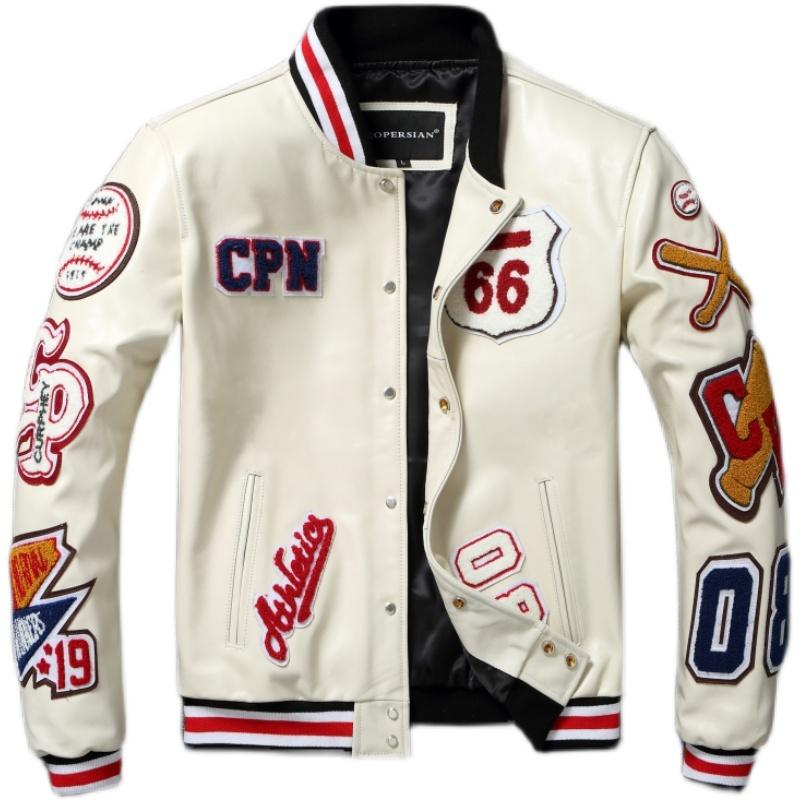 Stickerei Patches Baseball Jacken Echtes Rindsleder Leder Jacke Männer Motorrad Biker Mäntel Herbst Herren Mantel XL weiß