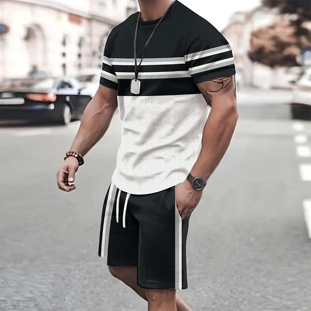 2-teilige Anzüge für Herren, lässiges, gemustertes, bedrucktes Kurzarm-T-Shirt und Trainingsshorts, Urlaubs-Lounge-Strandsportanzug, Fitness XL
