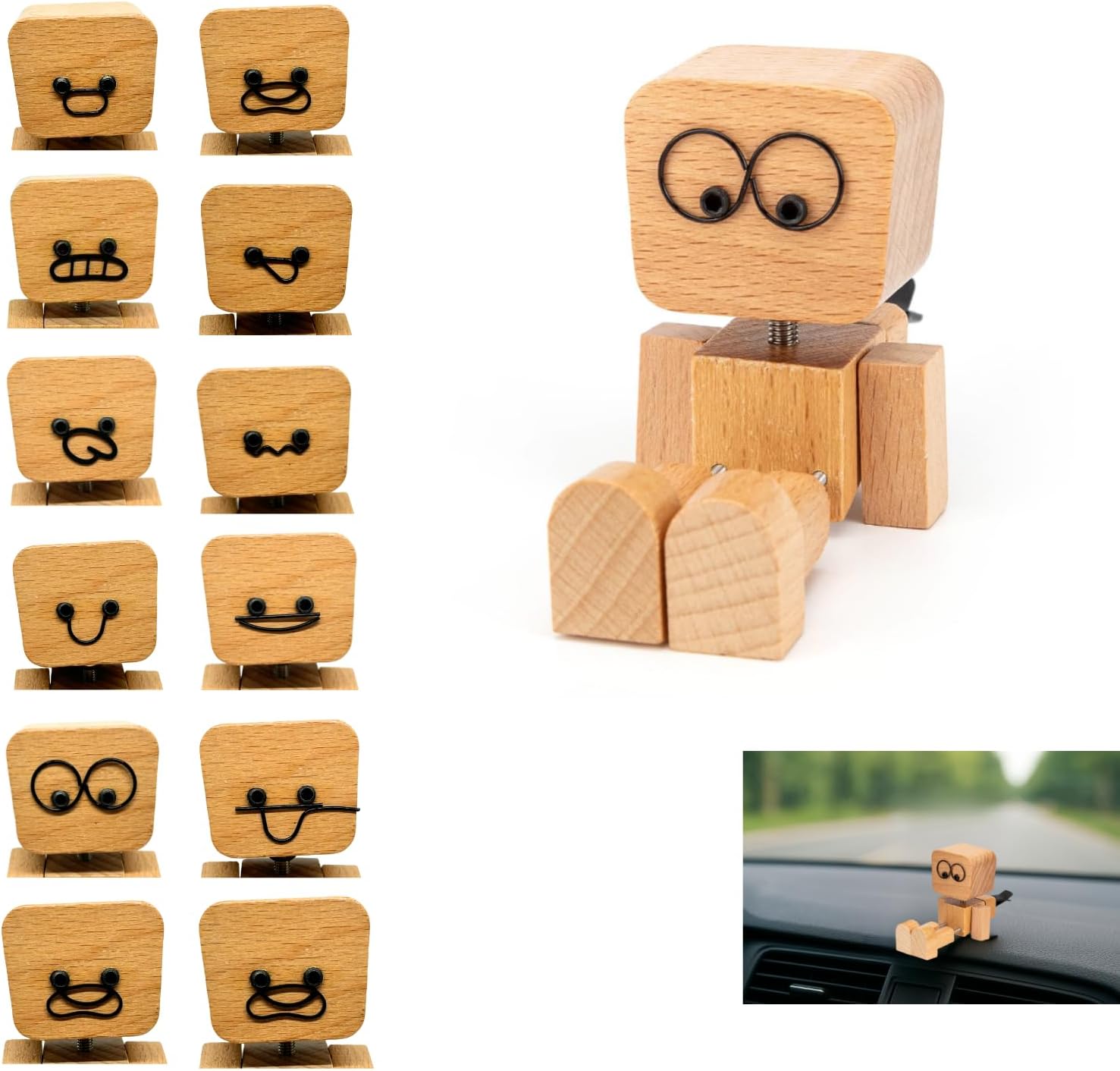 Hölzerne Schüttelmann-Figur mit 12 magnetischen Gesichtsplatten und Lüftungsklemme, Federbein-Armaturenbrett- & Schreibtisch-Dekoration, Niedliche hölzerne Auto-Dekoration Geschenk