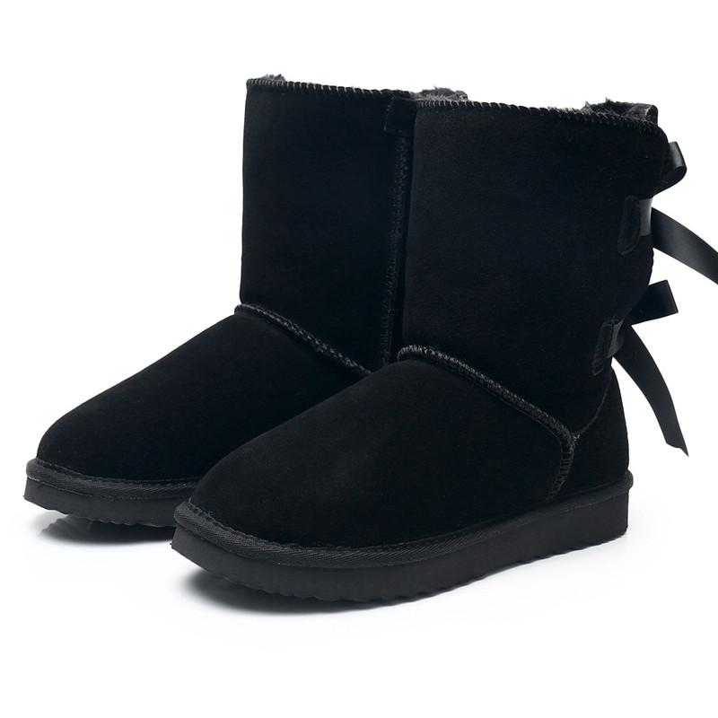 Echtes Leder Damen Schneestiefel Warme Winterstiefel Damenstiefel Warme Winterschuhe Dicke Plüsch Flats Schuhe 36 schwarz