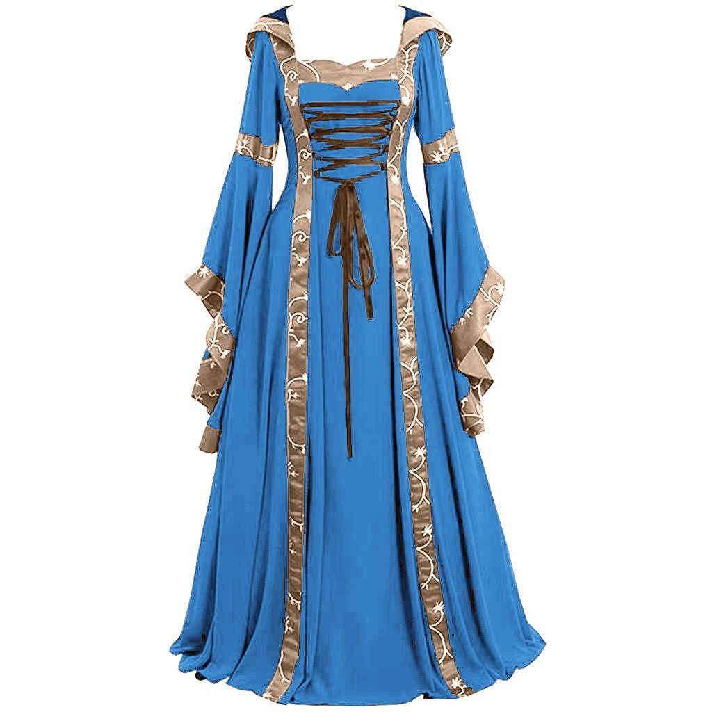 Übergröße 5XL Damen Mittelalterliches Bodenlanges Kleid Cosplay Kostüme Langglockenärmel Schnürung Prinzessin Langes Kleid Retro Gothic Kleid XXXL gray