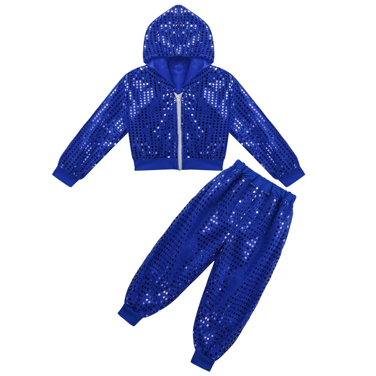 Kinder Kleidung Sets Dancewear Anzüge Kinder Mädchen Jungen Glänzende Pailletten Kleidung Hip Hop Dance Bühne Kostüme 12-14 Years blau