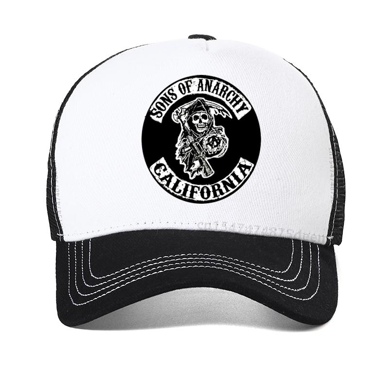 SAMCRO Baseballkappe SOA Sons of Anarchy Totenkopf-Aufdruck Lässige Snapback-Mütze Mode Hohe Qualität Rennmotorrad Sportmütze 56-61cm weiß