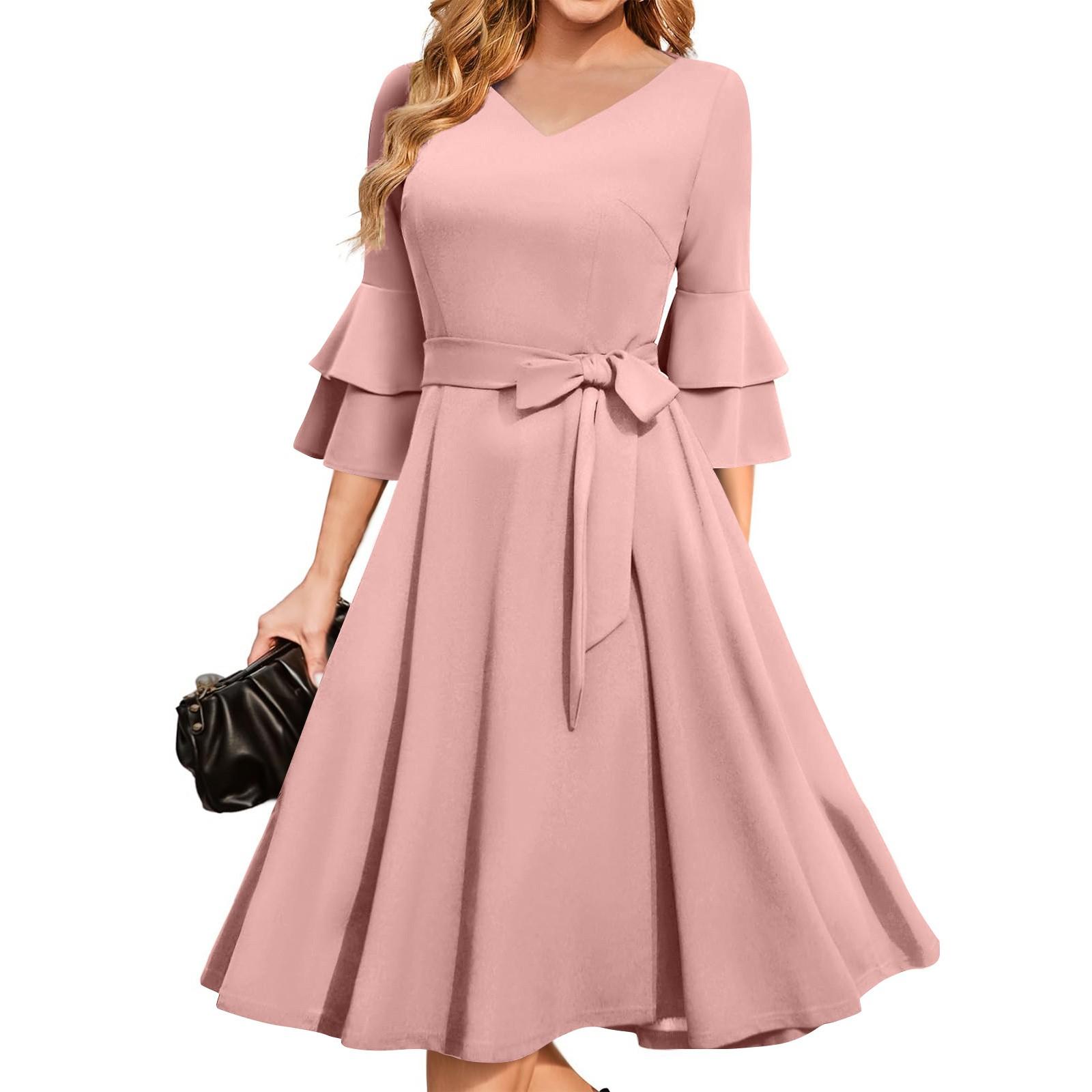 Elegantes Cocktailpartykleid mit Glockenärmeln für Damen für Hochzeitsgäste, figurbetontes Midi-Abendkleid für die Kirche L rosa